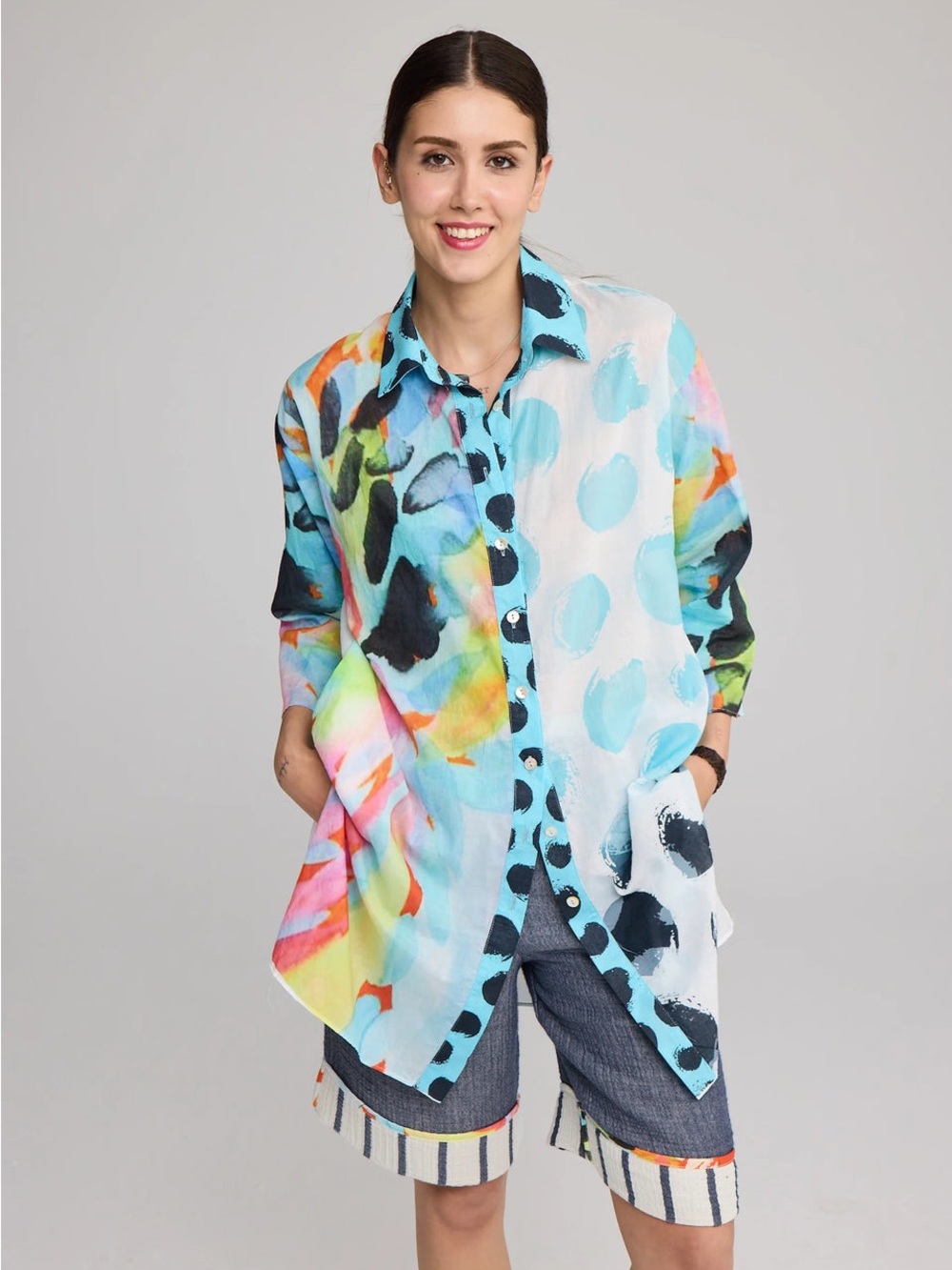 LUUKAA Acquina Flamingo Printed Shirt Tunic Button Down Lightweight Pockets